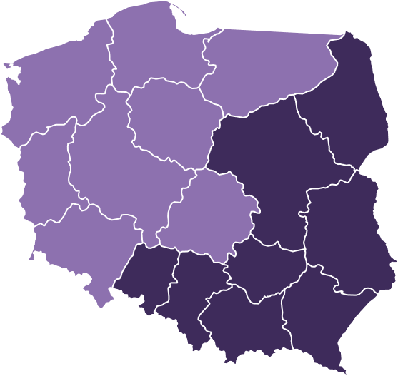 Mapa Polski podział na blok północno zachodni jasnofioletowy i południowo wschodni ciemnofioletowy 1